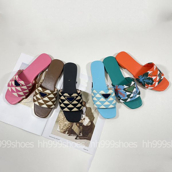 embroidered triangular flat slippers women's shoes designer sandals heel height sandals flat slippers shoes 35-42, Black