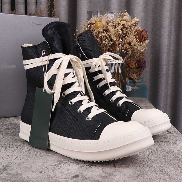 casual rick shoes men's board shoes ro owens han edition women's high canvas sneakers, Black