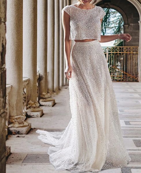 two piece shine wedding dress 2023 a-line cap sleeve jewel backless sequined bridal gowns women summer vestidos de noiva robe de mariage, White
two piece shine wedding dress 2023 a-line cap sleeve jewel backless sequined bridal gowns women summer vestidos de noiva robe de mariage, White