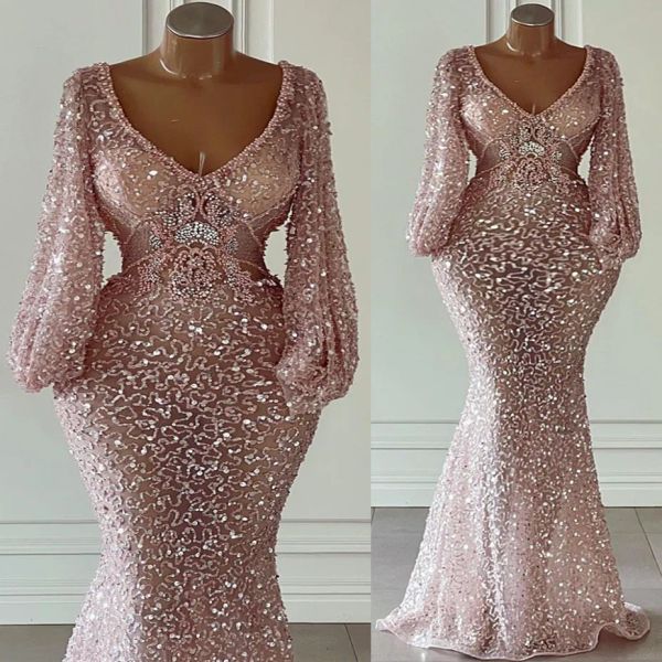 2023 pink prom dresses sequins long sleeves sequins v neck crystals beaded mermaid floor length custom made ruched evening party gowns vesti, Black 
2023 pink prom dresses sequins long sleeves sequins v neck crystals beaded mermaid floor length custom made ruched evening party gowns vesti, Black