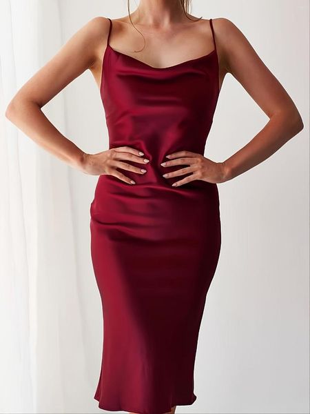

Casual Dresses Spaghetti Straps Elegant Solid Dress Nightclub Satin For Spring & Summer Women's Clothing, Burgundy