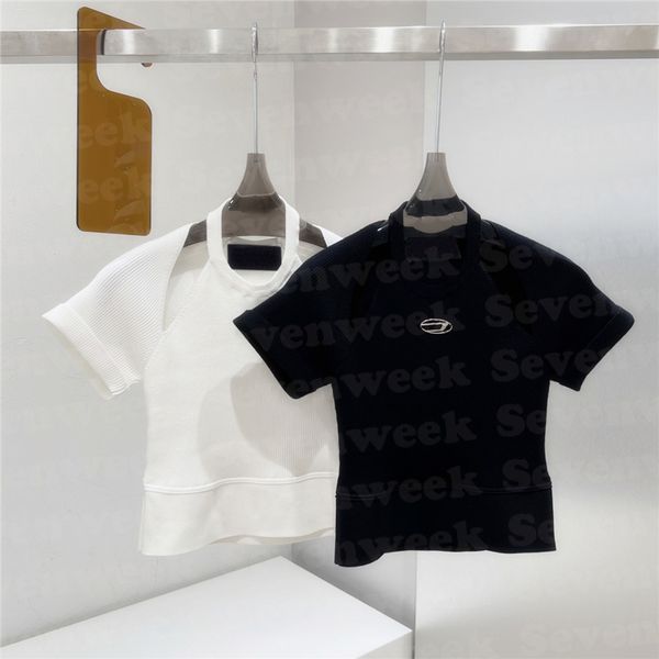 women halter knits t shirts with metal letter short sleeve design knitting hoodie casual tees, White
women halter knits t shirts with metal letter short sleeve design knitting hoodie casual tees, White