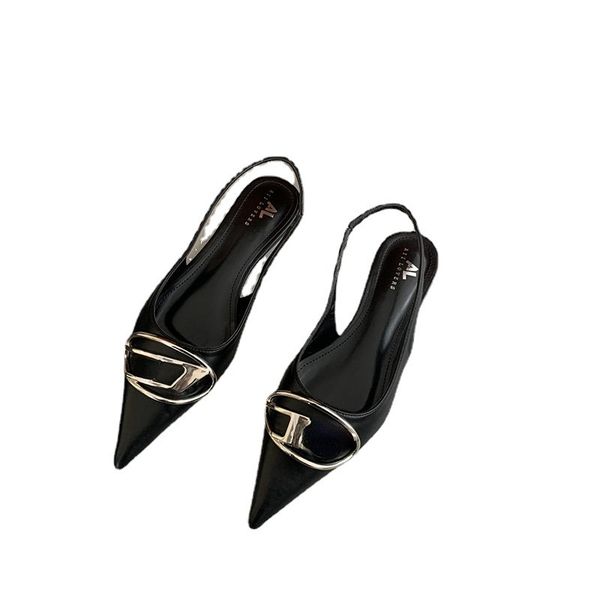 women's sandals metal buckle pointed toes sewing back strap flat sole shoes, Black
women's sandals metal buckle pointed toes sewing back strap flat sole shoes, Black