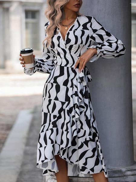 casual dresses print ruffle slit dress long sleeve cross v-neck waist spring & summer women's clothing, Black;gray
casual dresses print ruffle slit dress long sleeve cross v-neck waist spring & summer women's clothing, Black;gray