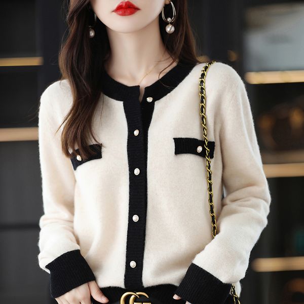 women's knits tee's cardigan 100 pure wool knitting round neck color matching sweater fashionable autumn and winter luxury 230323, White
women's knits tee's cardigan 100 pure wool knitting round neck color matching sweater fashionable autumn and winter luxury 230323, White