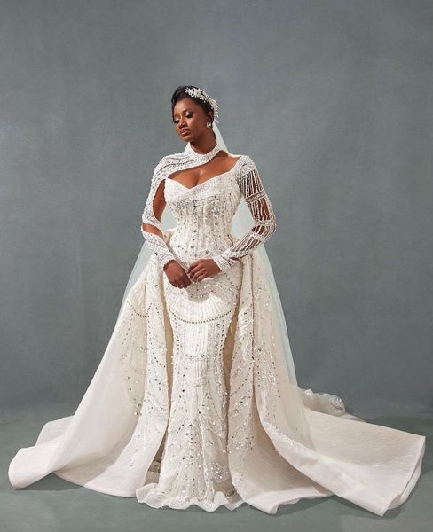 luxury mermaid wedding dresses long sleeves v neck halter appliques sequins beaded detachable train diamonds 3d lace floor length lace brida, White
luxury mermaid wedding dresses long sleeves v neck halter appliques sequins beaded detachable train diamonds 3d lace floor length lace brida, White
