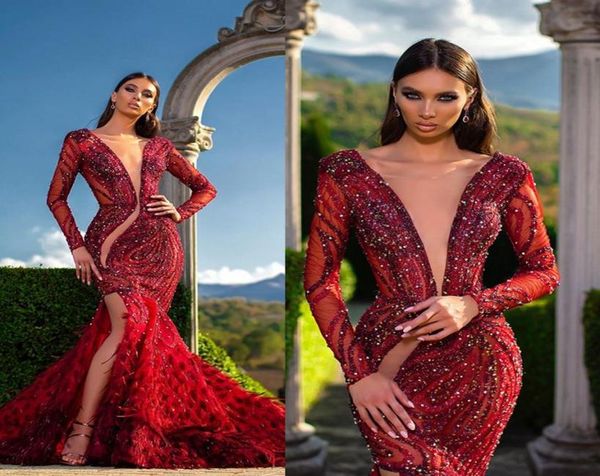 red mermaid evening dresses v neck beaded sequins feather long sleeves lumbar prom dress ruffle high split sweep train formal part8234174, Black;red
red mermaid evening dresses v neck beaded sequins feather long sleeves lumbar prom dress ruffle high split sweep train formal part8234174, Black;red
