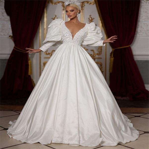 gorgeous ball gown wedding dresses v-neck sleeves sequins satin backless tulle zipper court gown pleats custom made bridal gown plus size ve, White
gorgeous ball gown wedding dresses v-neck sleeves sequins satin backless tulle zipper court gown pleats custom made bridal gown plus size ve, White