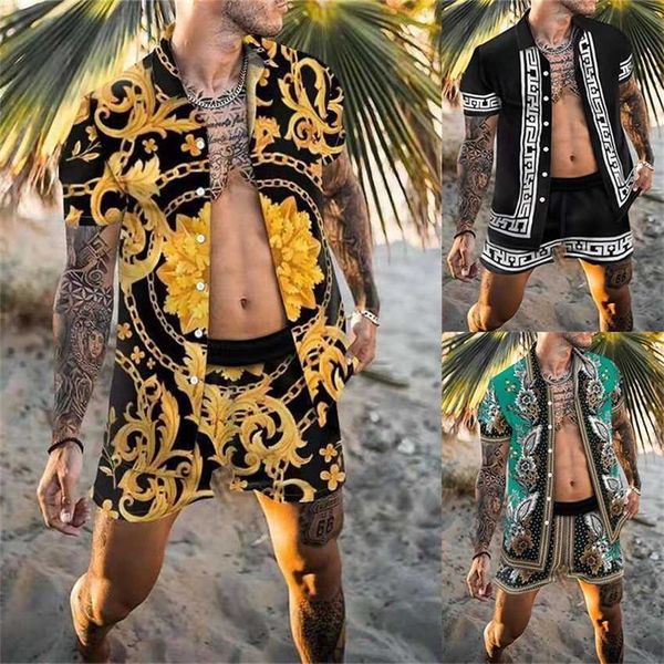 2022 summer men's fashion printed shirt short sleeved pants casual beach suit, Black
2022 summer men's fashion printed shirt short sleeved pants casual beach suit, Black