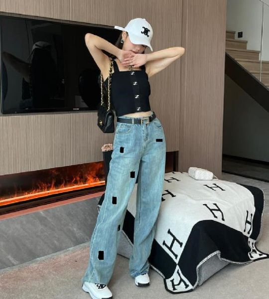 women's jeans with big letter wide leg jeans straight casual pant high waist label wide-legged pants female tide, Blue
women's jeans with big letter wide leg jeans straight casual pant high waist label wide-legged pants female tide, Blue
