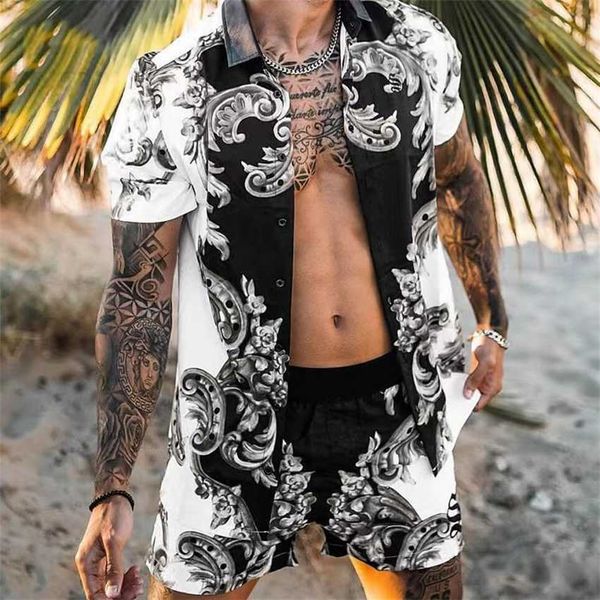 2023 spring summer men's shirt casual loose short sleeve shorts beach set, White;black
2023 spring summer men's shirt casual loose short sleeve shorts beach set, White;black
