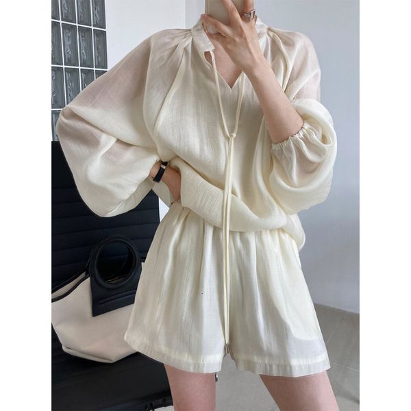 women's two piece pants summer leisure suit laceup long sleeve loose sunscreen shirts elastic waist wide leg shorts solid casual set 23, White
women's two piece pants summer leisure suit laceup long sleeve loose sunscreen shirts elastic waist wide leg shorts solid casual set 23, White