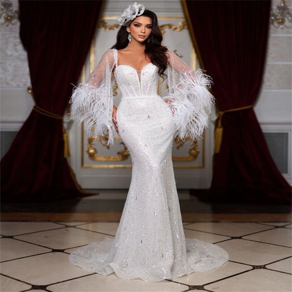 gorgeous mermaid wedding dresses sweetheart sequined sleeves with feathers backless lace up court gown custom made plus size bridal gown ves, White
gorgeous mermaid wedding dresses sweetheart sequined sleeves with feathers backless lace up court gown custom made plus size bridal gown ves, White