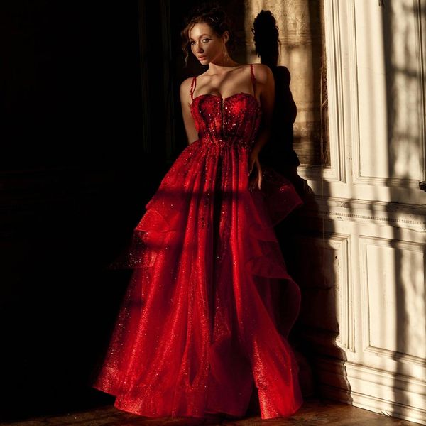 sparkly red prom dresses a line sequined evening gowns spaghetti straps neckline tiered sweep train tulle formal dress, Black 
sparkly red prom dresses a line sequined evening gowns spaghetti straps neckline tiered sweep train tulle formal dress, Black
