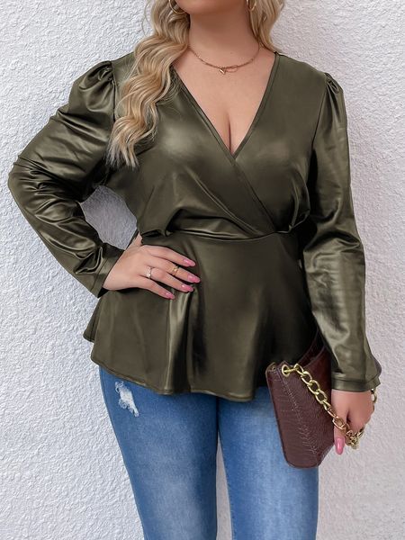 women's plus size tshirt leather pu peplum 4xl autumn large green blouse long sleeve v neck vintage elegant solid t shirts 230324, Black
women's plus size tshirt leather pu peplum 4xl autumn large green blouse long sleeve v neck vintage elegant solid t shirts 230324, Black