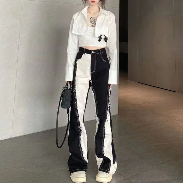 women's jeans american retro fashion y2k streetwear black and white color contrast high waist baggy jeans femme straight wide leg pants, Blue
women's jeans american retro fashion y2k streetwear black and white color contrast high waist baggy jeans femme straight wide leg pants, Blue