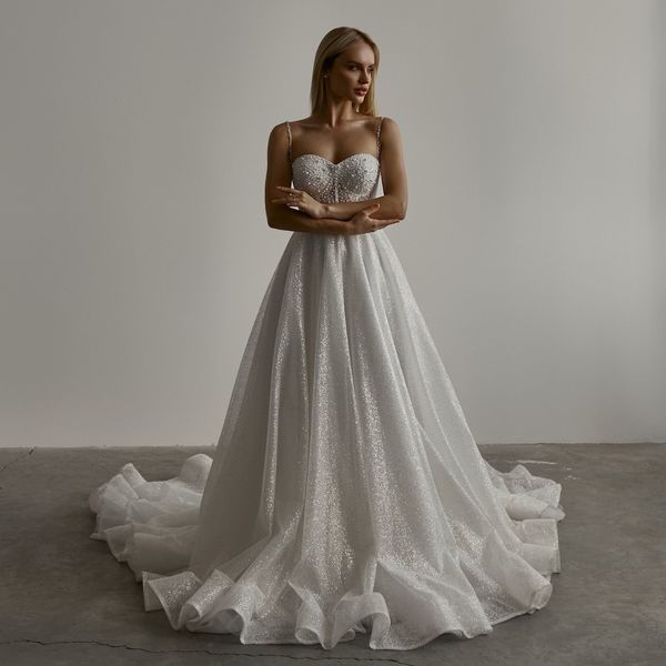 sparkly pearls wedding dresses sequined bridal gowns spaghetti straps neckline sleeveless a line sweep train tulle vestido de novia, White
sparkly pearls wedding dresses sequined bridal gowns spaghetti straps neckline sleeveless a line sweep train tulle vestido de novia, White