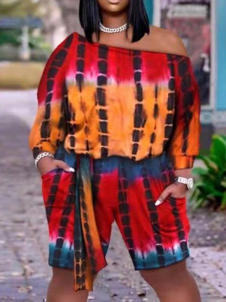 women's plus size pants lw twopiece shorts set boat neck tiedye 5xl women off the should loose 2pcs patchwork summer outfits 230324, Black
women's plus size pants lw twopiece shorts set boat neck tiedye 5xl women off the should loose 2pcs patchwork summer outfits 230324, Black