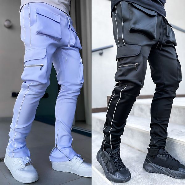 

men's pants mens cargo pants gyms fitness sportswear reflective trouser men casual jogger pant hip hop streetwear joggers sweatpants 23, Black