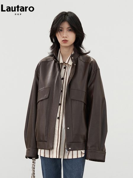 women's jackets lautaro spring retro cool oversized brown black pu leather jacket women with drop shoulder long sleeve zip up clothing, Black;brown
women's jackets lautaro spring retro cool oversized brown black pu leather jacket women with drop shoulder long sleeve zip up clothing, Black;brown