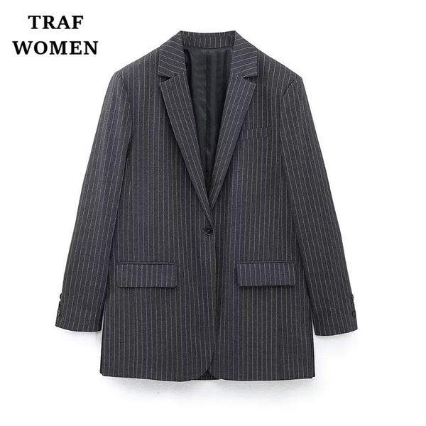 men's hoodies sweatshirts traf women's coats 2023 in pinstripe office suit jacket lapel long sleeve pocket button classic female&#, Black
