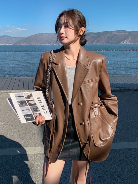 women's jackets loose fit brown button pu leather big size jacket lapel long sleeve women coat fashion spring autumn 2023 230324, Black;brown
women's jackets loose fit brown button pu leather big size jacket lapel long sleeve women coat fashion spring autumn 2023 230324, Black;brown