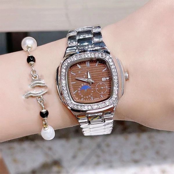 fashion women diamond watches iced out square designer quartz movement and lady watch stainless steel clock, Slivery;brown
fashion women diamond watches iced out square designer quartz movement and lady watch stainless steel clock, Slivery;brown