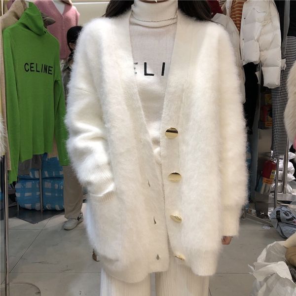 women's knits tees autumn winter mohair knitted thick warm sweater coat v neck mink cashmere white loose pockets cardigan 230324
women's knits tees autumn winter mohair knitted thick warm sweater coat v neck mink cashmere white loose pockets cardigan 230324