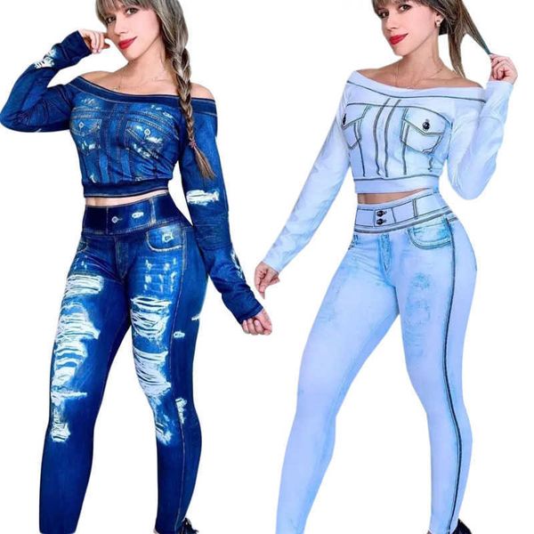 k7153 fashion designer women two piece set off shoulder long sleeve pants denim print temperament commuter set, White
k7153 fashion designer women two piece set off shoulder long sleeve pants denim print temperament commuter set, White