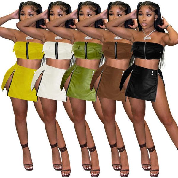 2023 fashion women two piece dress crop pu leather zipper belt slit 2 piece skirt set outfits, White
2023 fashion women two piece dress crop pu leather zipper belt slit 2 piece skirt set outfits, White