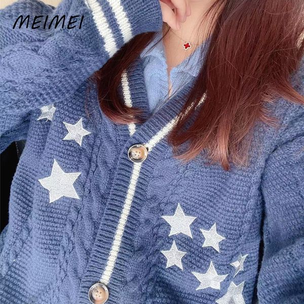 women's knits tees vintage star embroidered knitted cardigan y2k vneck single breasted long sleeve casual loose sweater baggy knitwear, White
women's knits tees vintage star embroidered knitted cardigan y2k vneck single breasted long sleeve casual loose sweater baggy knitwear, White