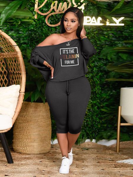 women's plus size pants lw letter print drawstring set polyester casual women 2 pieces batwing sleeve and shorts matching outfit 23032, Black
women's plus size pants lw letter print drawstring set polyester casual women 2 pieces batwing sleeve and shorts matching outfit 23032, Black