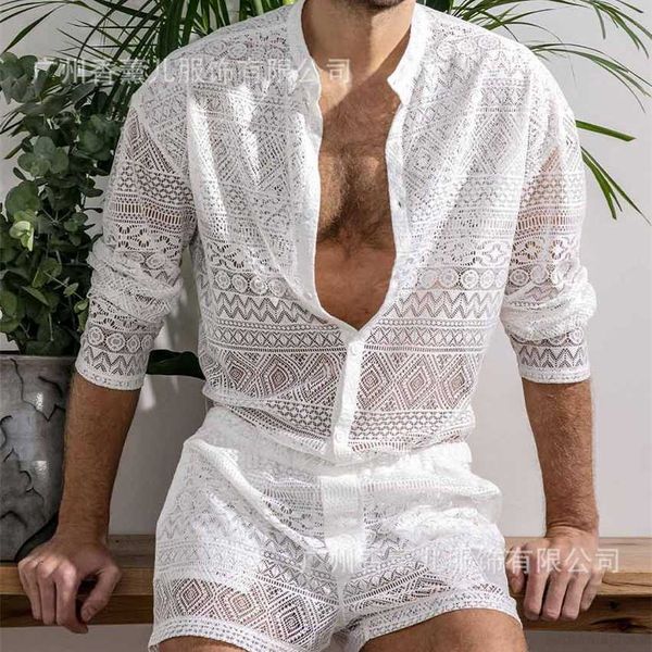 2023 new summer men's casual loose cut out lace set, White;black
2023 new summer men's casual loose cut out lace set, White;black