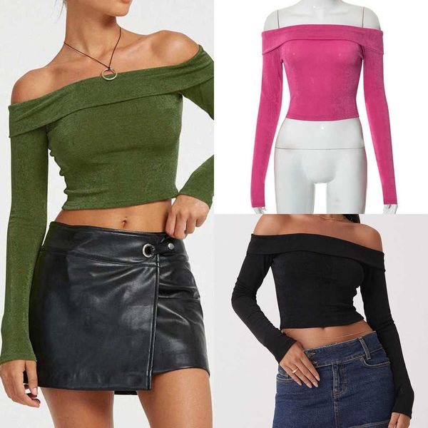 women's clothing t-shirt 2023 spring summer t-shirts fashion off shoulder long sleeve solid color casual shirt crop tees women, White
women's clothing t-shirt 2023 spring summer t-shirts fashion off shoulder long sleeve solid color casual shirt crop tees women, White