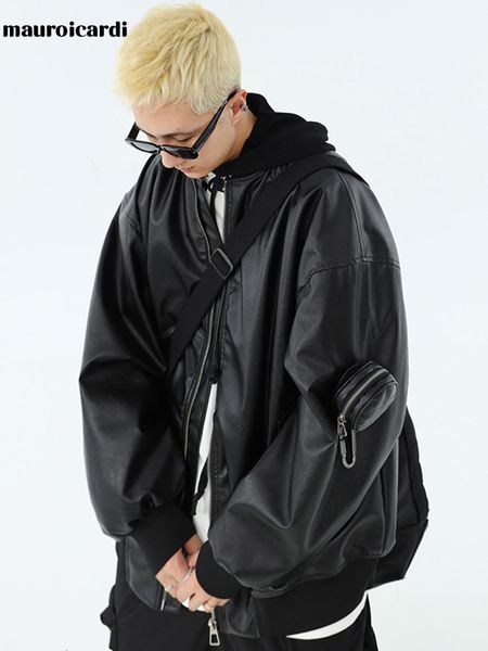 men's leather faux mauroicardi spring autumn oversized green pu bomber baseball jacket men zipper long sleeve designer clothing 230324, Black
men's leather faux mauroicardi spring autumn oversized green pu bomber baseball jacket men zipper long sleeve designer clothing 230324, Black