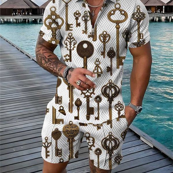 fashion zipper polo shirt set men's casual 3d printed beach pants, White;black