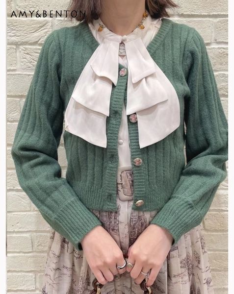 women's knits tees japanese sytle knitted shirt printed button cardigan 2023 spring autumn women cardigans 230324, White