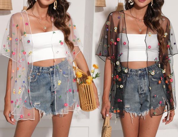women floral embroidery open cardigan swimwear blouse sheer perspective bikini loose coverups long sleeve kimono casual plus size, White;black
women floral embroidery open cardigan swimwear blouse sheer perspective bikini loose coverups long sleeve kimono casual plus size, White;black
