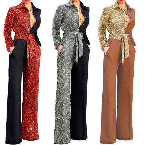 women's jumpsuits rompers shirt collar wide leg pants women jumpsuit shiny long sleeve patchwork color belt pockets jumpsuit summer 230, Black;white
women's jumpsuits rompers shirt collar wide leg pants women jumpsuit shiny long sleeve patchwork color belt pockets jumpsuit summer 230, Black;white