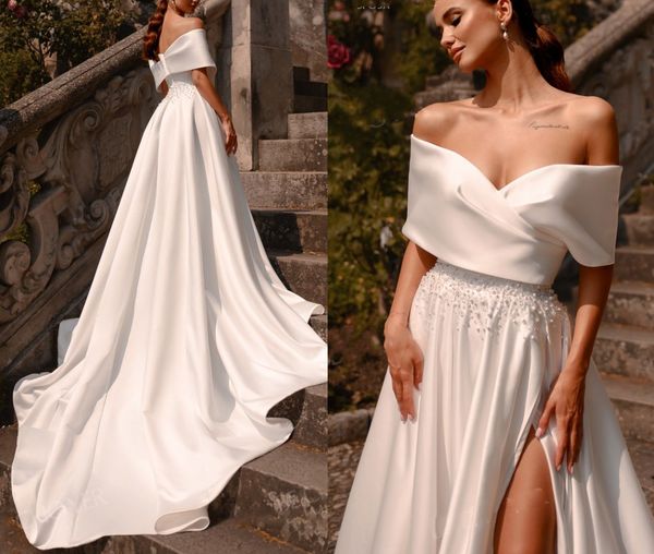 new wedding dress satin pearls a-line off shoulder bride gown for women 2023 court train princess vestido de noiva, White
new wedding dress satin pearls a-line off shoulder bride gown for women 2023 court train princess vestido de noiva, White