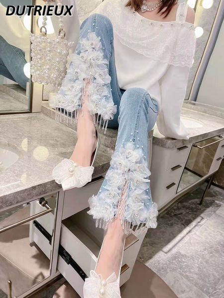 women's jeans korean style sweet heavy industry beads flower slit hem slim denim flare pant kawaii lolita spring high waisted 230324, Blue
women's jeans korean style sweet heavy industry beads flower slit hem slim denim flare pant kawaii lolita spring high waisted 230324, Blue