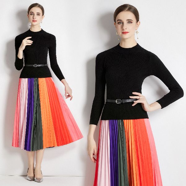 2023 designer two piece formal dress rainbow striped sets women black knitted and pleated skirts casual comfortable holiday 2 piece party c, White
2023 designer two piece formal dress rainbow striped sets women black knitted and pleated skirts casual comfortable holiday 2 piece party c, White