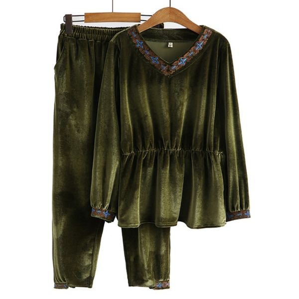 women's plus size pants 4xl women sets 2023 spring velour embroidery vneck elastic waist anklelength twopiece curve clothes 230324, Black
women's plus size pants 4xl women sets 2023 spring velour embroidery vneck elastic waist anklelength twopiece curve clothes 230324, Black