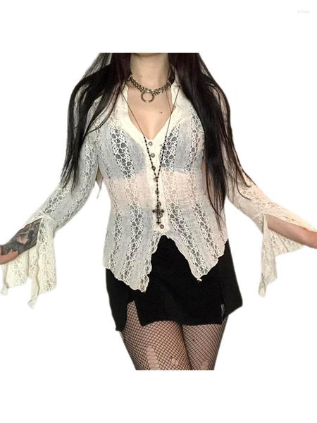 blouses s lace perspective shirt solid color lapel single-breasted see through irregular hem blouse, White
blouses s lace perspective shirt solid color lapel single-breasted see through irregular hem blouse, White