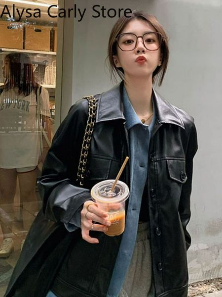 women's jackets black vintage leather jacket women korean high street loose thin biker coat female autumn outwear single breasted chic, Black;brown
women's jackets black vintage leather jacket women korean high street loose thin biker coat female autumn outwear single breasted chic, Black;brown