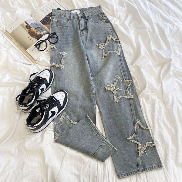 women's jean's star y2k grunge pants wide leg graphic jeans 230324, Blue