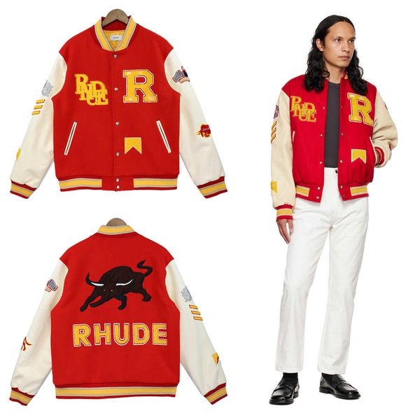 street high rhude american letter patch embroidered letters and cotton loose splicing bomber et, Black
street high rhude american letter patch embroidered letters and cotton loose splicing bomber et, Black