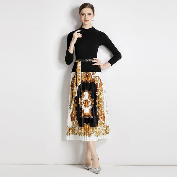 2023 black two piece dress baroque floral sets women long sleeve black knitted and print pleated skirts luxury vintage designer set 2 piece, White
2023 black two piece dress baroque floral sets women long sleeve black knitted and print pleated skirts luxury vintage designer set 2 piece, White