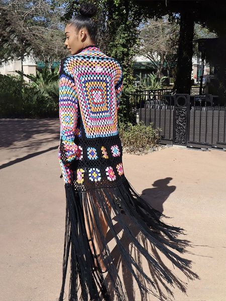 women's swimwear boho handmade fringed long crochet kimono hollow out self belted bikini wrap dress women beachwear swimsuit cover up a, White;black
women's swimwear boho handmade fringed long crochet kimono hollow out self belted bikini wrap dress women beachwear swimsuit cover up a, White;black