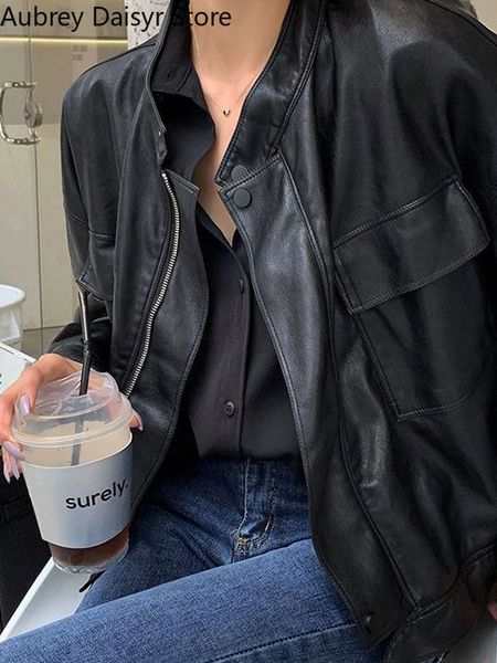 women's jackets streetwear black leather women punk cropped zipper biker high street casual fashion trend coat 230324, Black;brown
women's jackets streetwear black leather women punk cropped zipper biker high street casual fashion trend coat 230324, Black;brown